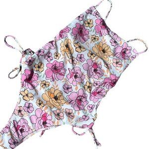 Women's White Pink Tie Strappy Flowers Floral One Piece Swimsuit Size Med #1893